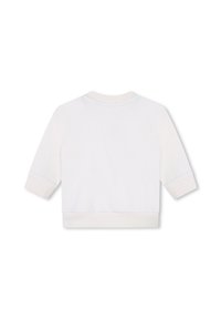 Sweatshirt bianco a maniche lunghe con collo tondo. Presenta polsini e orlo a costine. Texture liscia, design minimalista, senza motivi visibili.