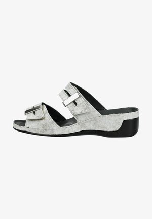Gray open-toe slide sandal with two adjustable silver buckled straps and a low black wedge heel.