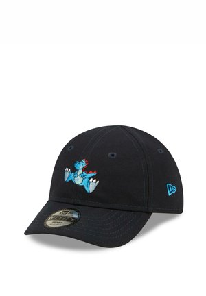Black infant cap with blue and red cartoon dinosaur embroidery on front and blue logo on side, featuring curved brim and adjustable fit.