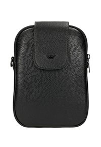 Schwarze, strukturierte Leder-Umhängetasche mit abgerundeten Kanten, Vorderklappe mit kleinem Metall-Logo und sichtbarem Seitenreißverschluss.