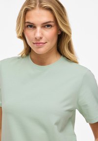 Minta zaļas kokvilnas T-krekls ar īsām piedurknēm, apaļu kakla izgriezumu, gludu tekstūru un minimālistisku dizainu. Pieguļošs forma bez rakstiem vai akcentiem.