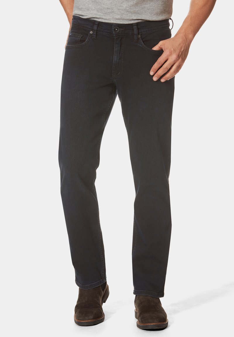 Dunkelblaue Denim-Jeans mit einem geraden Schnitt, ausgestattet mit fünf Taschen und einem Reißverschluss. Hergestellt aus einem Baumwollgemisch mit leichten Ausbleichungen.