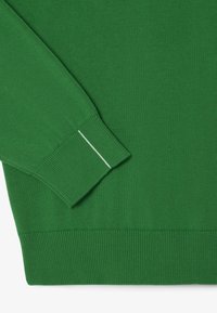 Grüner Strickpullover mit gerippten Bündchen und Saum. Verfügt über ein dezentes weißes Stickdetail am Bündchen. Weiche Textur und taillierte Passform.