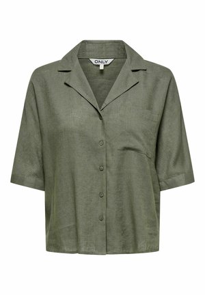 Chemise courte à manches courtes vert olive avec col et poche poitrine, en tissu texturé.
