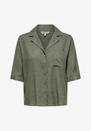 Olijfgroene overhemd met korte mouwen, knoopsluiting, kraag en borstzak, gemaakt van gestructureerde stof.