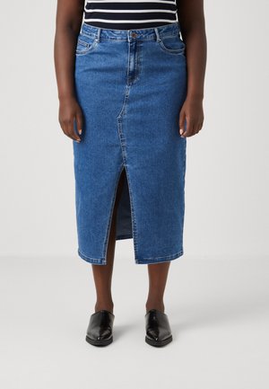 Denim skirt with a front slit, knee-length, medium blue wash, five-pocket design, metal button closure, and contrast stitching.