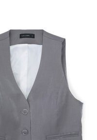 Gilet sans manches gris avec deux boutons ronds, col en V et doublure intérieure blanche, étiqueté Calliope, taille petite, présenté sur un fond blanc.