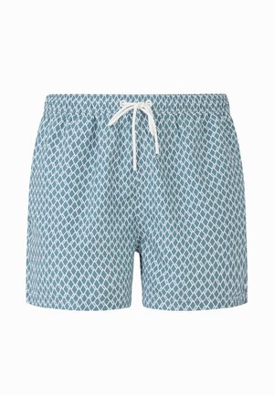 Niebieskie kąpielówki z białym wzorem w romby, elastyczną talią i białym sznurkiem do wiązania z przodu na środku.