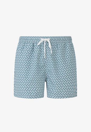 Blue swim shorts with white diamond net pattern, elastic waistband, and white drawstring tie at front center.