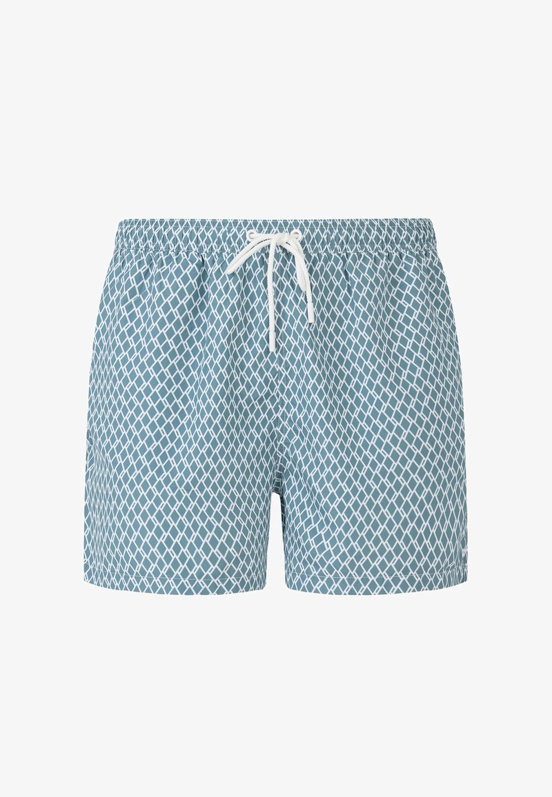Blaue Badeshorts mit weißem Rautennetzmuster, elastischem Bund und weißem Kordelzug in der vorderen Mitte.