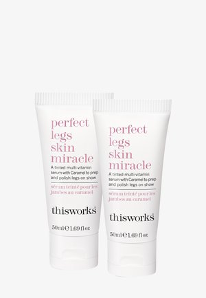 Two identical white squeeze tubes of "perfect legs skin miracle" serum, 50ml each, featuring pink text and a smooth finish.