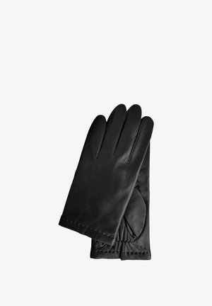 Black leather gloves with a smooth texture, featuring four fingers, stitched detailing, and gathered wrist design for a snug fit.