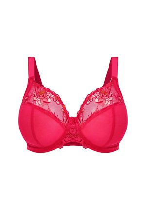 Sostén de encaje rojo con detalles florales transparentes, copas acolchadas y tirantes anchos. Presenta una banda inferior suave y un lazo decorativo en el centro.