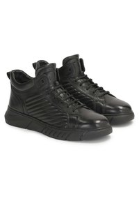 Black leather high-top sneakers with textured side panels, round toe, metal eyelets, and cushioned ankle support. Rubber sole with grooves.