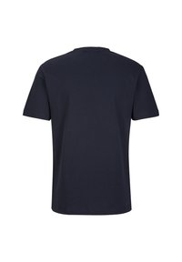 Dunkelblaues kurzärmliges T-Shirt aus Baumwolle mit Rundhalsausschnitt und glatter Textur. Keine erkennbaren Muster oder Applikationen.