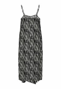 Rochie neagră fără mâneci, cu un model ondulat alb, realizată dintr-un material ușor, cu bretele subțiri și o croială lejeră.