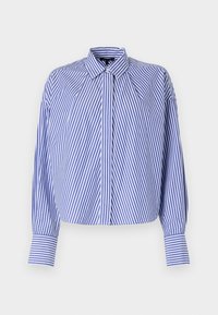 Blå och vitrandig skjorta, långärmad, klassisk krage, knäppt fram, kortare längd, slät tygkvalitet, kontrasterande randmönster.