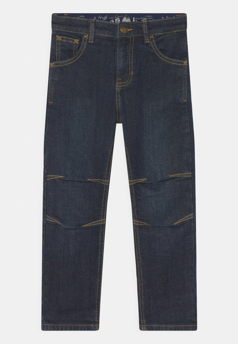 Jeans per bambini di colore blu scuro con cuciture rinforzate sulle ginocchia e cuciture a contrasto gialle, chiusura a bottone e tasche anteriori.