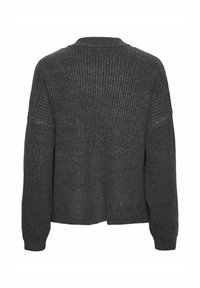 Pilkas, raižytas megztinis su ilgomis rankovėmis ir apvalia iškirpte. Ypatumai: laisvas kirpimas ir tekstūruotas megztuko dizainas. Galinis vaizdas atskleidžia stiliaus paprastumą.