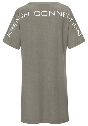 Olive green T-shirt with short sleeves, featuring "FRENCH CONNECTION" text across the back in white, soft fabric, relaxed fit.