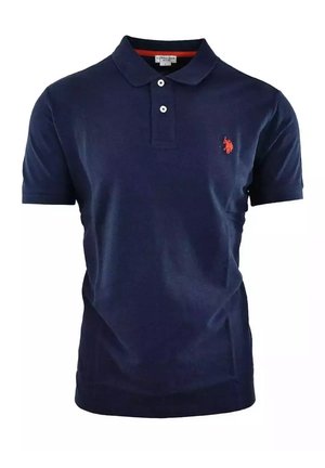 Polo shirt navy in cotone con maniche corte, colletto e patta a due bottoni; presenta un piccolo emblema rosso sul petto.