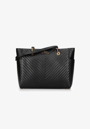 Zwarte leren handtas met chevron-quilting, gouden kettinghandvatten en het Wittchen-logo aan de voorkant, weergegeven op een witte achtergrond.