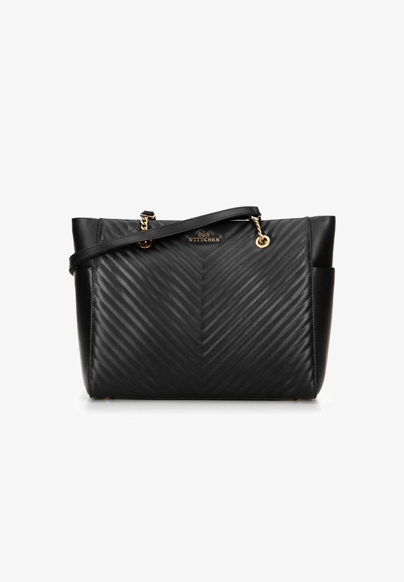 Black leather handbag with chevron quilting, gold chain handles, and Wittchen logo on front, shown on white background.