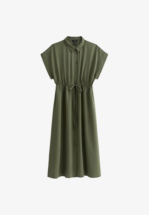 Olive green shirt dress with short sleeves, button front, drawstring waist, and soft, textured fabric. Features a relaxed fit and simple design.
