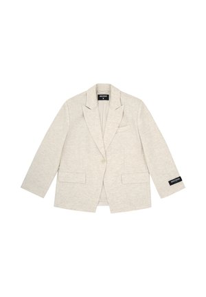 Beige colbert met één knoop, met inkeping revers, twee voorzakken met klep, borstzak, en een zwart merklint op de mouwmanchet.