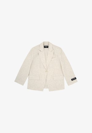 Beiger Ein-Knopf-Blazer mit Kerb-Revers, zwei vorderen Klappentaschen, Brustleistentasche und schwarzem Markenlabel am Ärmelbündchen.
