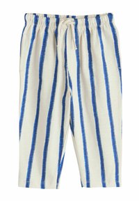 Gestreepte pyjamabroek in crème met blauwe verticale strepen, voorzien van een elastische tailleband en trekkoord, lichtgewicht stof, zonder zichtbare zakken.