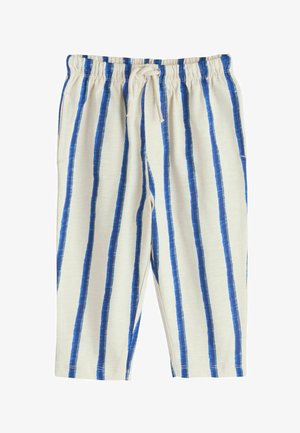 Stribede pyjamasbukser i creme med blå lodrette striber, med elastisk taljebånd og bindesnor, letvægtsstof og ingen synlige lommer.
