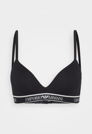 Reggiseno triangolare nero realizzato in tessuto morbido, con spalline sottili e regolabili. Presenta un'ampia fascia elastica con logo bianco e nero nella parte inferiore.