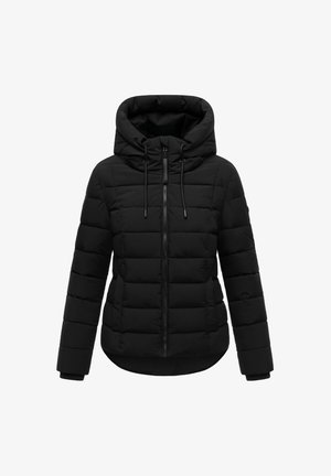 Crna podstavljenja jakna s kapuljačom, s prednjim zatvaračem, detaljima s vezicama i kviltiranim dizajnom. Izrađena je od teksturirane tkanine.