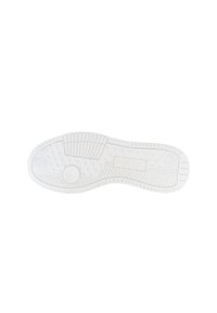 Talpa de sneaker din cauciuc alb cu modele texturate de prindere, având un accent circular și o secțiune rectangulară pentru branding sau detalii.
