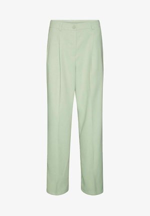 Calças de um verde menta claro com um corte reto, apresentando um fecho com botão e pregas elegantes, feitas de um tecido leve e suave.