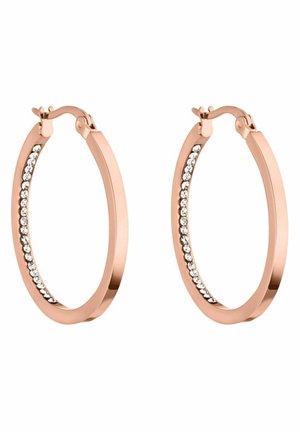 Ohrringe aus roségoldenen Hohldraht haben ein glattes Design mit einer Reihe von eingebetteten klaren Kristallen auf einer Seite. Mit einem Schwenkverschluss für sicheren Halt.