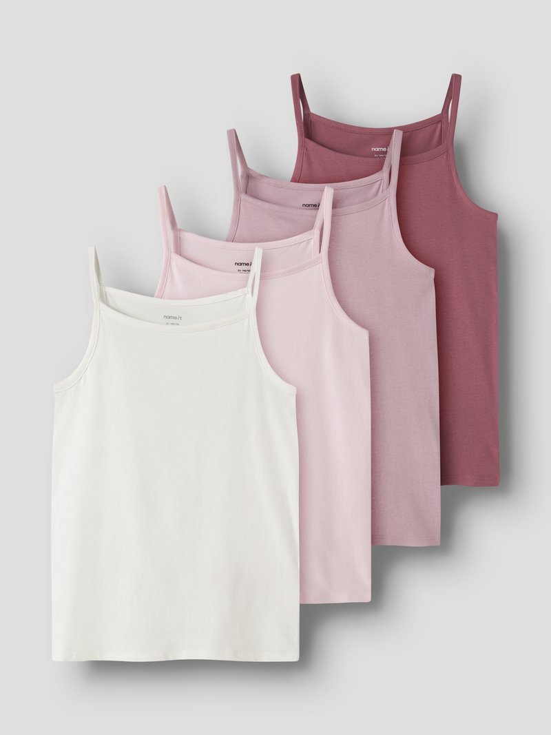 Cuatro camisetas sin mangas en blanco, rosa claro, rosa medio y rosa oscuro. Hechas de algodón suave, con tirantes delgados y un diseño sencillo.