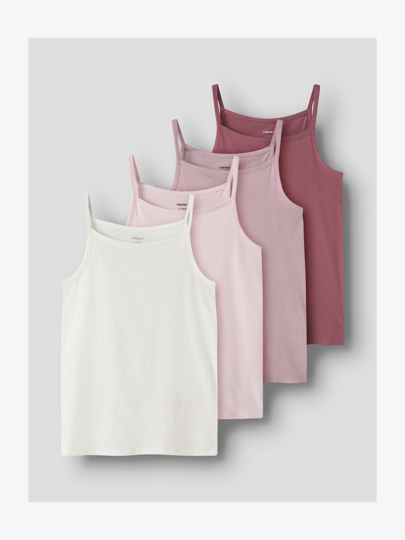 Cuatro camisetas sin mangas en blanco, rosa claro, rosa medio y rosa oscuro. Hechas de algodón suave, con tirantes delgados y un diseño sencillo.