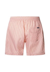 Short de bain homme à taille élastique, motif géométrique rose et blanc, petite poche arrière avec étiquette de la marque.