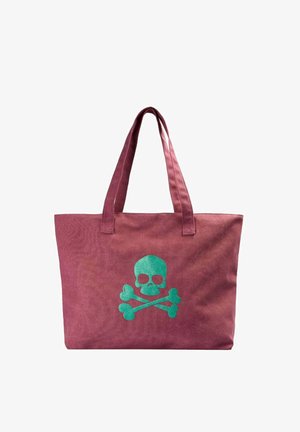Bolsa tote granate con dos correas para los hombros y un diseño de calavera y huesos cruzados turquesa en el frente.