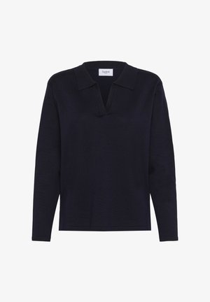 Donkerblauwe lange mouw top met een kraag, v-hals ontwerp en ribbelstructuur. Eenvoudige, klassieke stijl zonder versieringen of patronen.