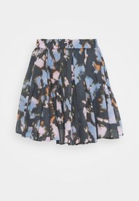 Plisserad kjol i mörk tyg med ett flerfärgat abstrakt mönster i blått, rosa, orange och grönt. Elastisk midja för en bra passform.