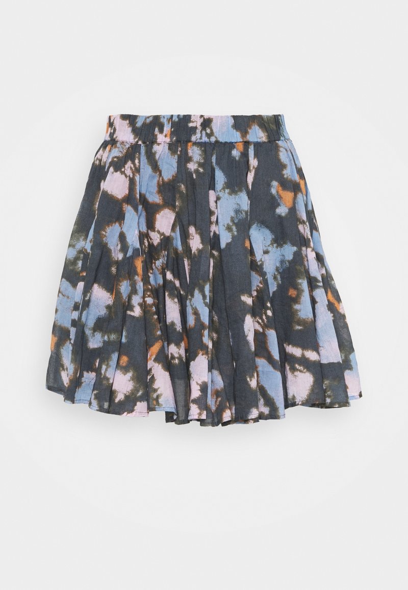 Plisserad kjol i mörk tyg med ett flerfärgat abstrakt mönster i blått, rosa, orange och grönt. Elastisk midja för en bra passform.