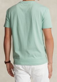 Mintgrön bomullströja med rund hals och korta ärmar, med en slät textur och en klassisk passform, visad bakifrån.