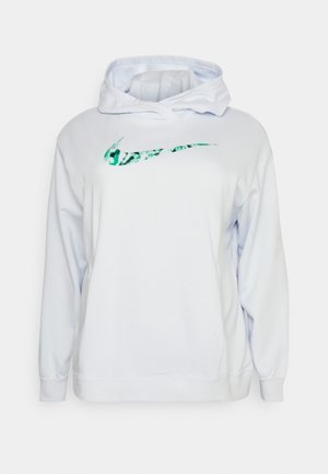Sweat à capuche blanc à manches longues avec un logo Nike vert à motifs sur la poitrine sur un fond clair uni.