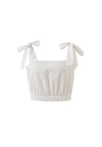 Witte crop top van textuurstof, met oogjesborduring, vierkante halslijn en verstelbare strikjes op de schouders.