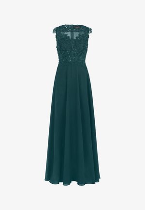 Vestido de noche sin mangas de color verde oscuro con corpiño de encaje floral, escote transparente y falda fluida de gasa.