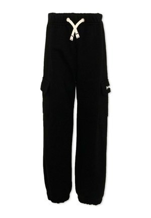 Pantaloni cargo neri in felpa con vita elasticizzata, coulisse bianca, tasche laterali con patta e polsini elasticizzati.