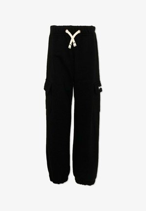 Pantaloni cargo neri in felpa con vita elasticizzata, coulisse bianca, tasche laterali con patta e polsini elasticizzati.